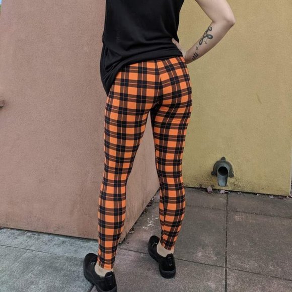 Orange & Black Plaid Leggings Autumn Halloween - Picture 2 of 3